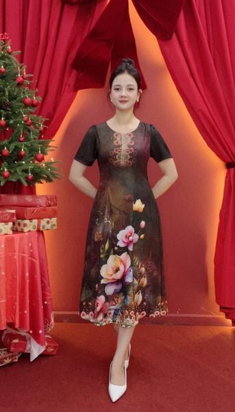 Đầm suông xòe - Cổ tròn tay ngắn - CV -Nâu đen hoa - TTV2018