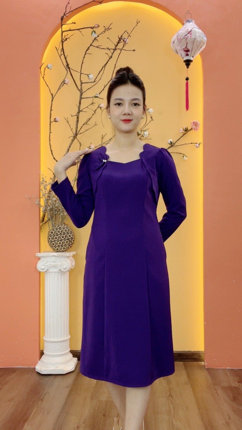 Đầm suông - Cổ vuông tim sóng nước kết hoa tay dài - CV - Tím huế - TTV1987