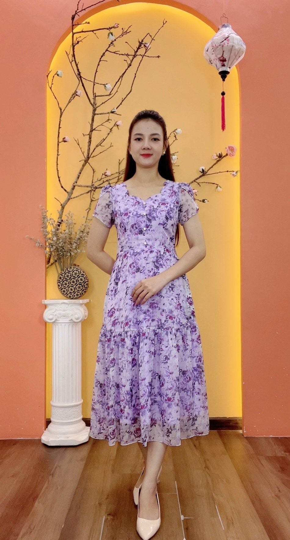 Đầm maxi - Cổ tim sóng nước kết nút tay ngắn - CT - Tím hoa - TTV1936