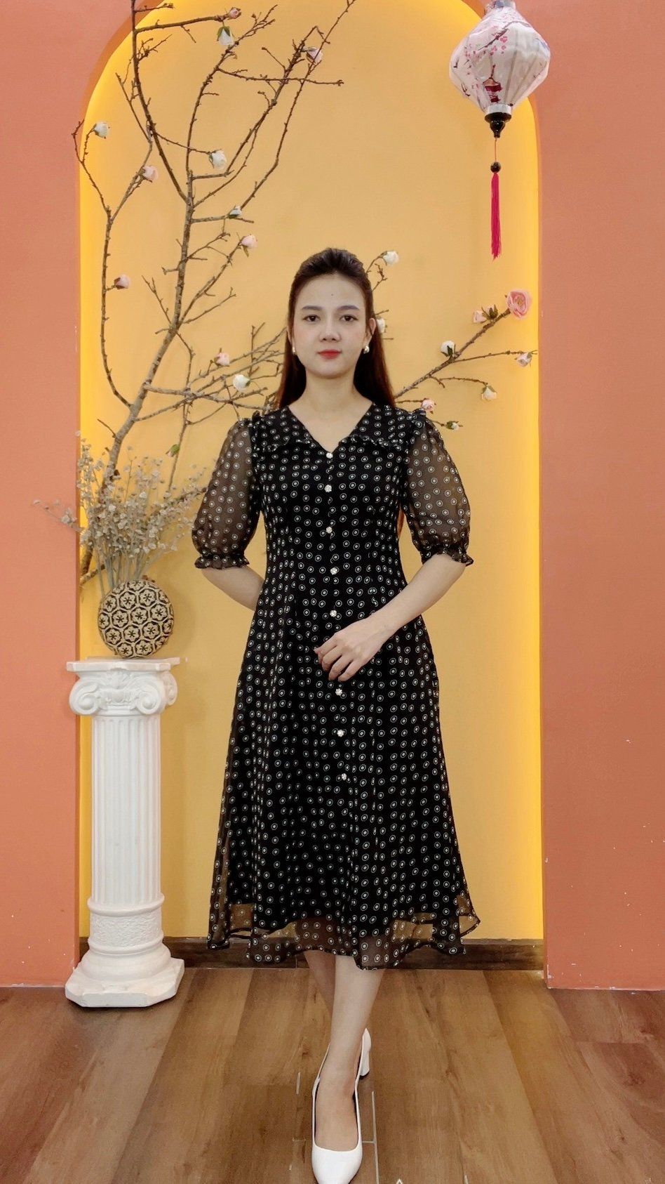 Đầm suông xòe - Cổ tim kết nút tay lỡ - CT - Đen chấm bi trắng - TTV1971