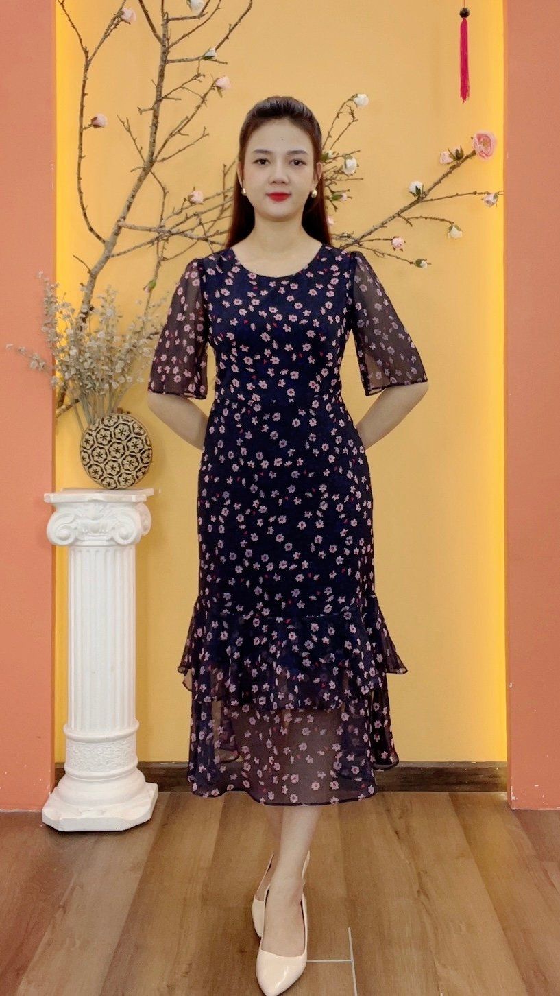 Đầm form A đuôi cá - Cổ tròn tay lỡ - AH - Xanh đen hoa - TTV1950