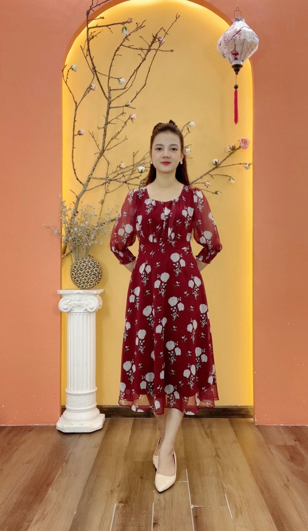 Đầm xòe - Cổ vuông tim tay lỡ - CD - Đỏ hoa trắng - TTV1924