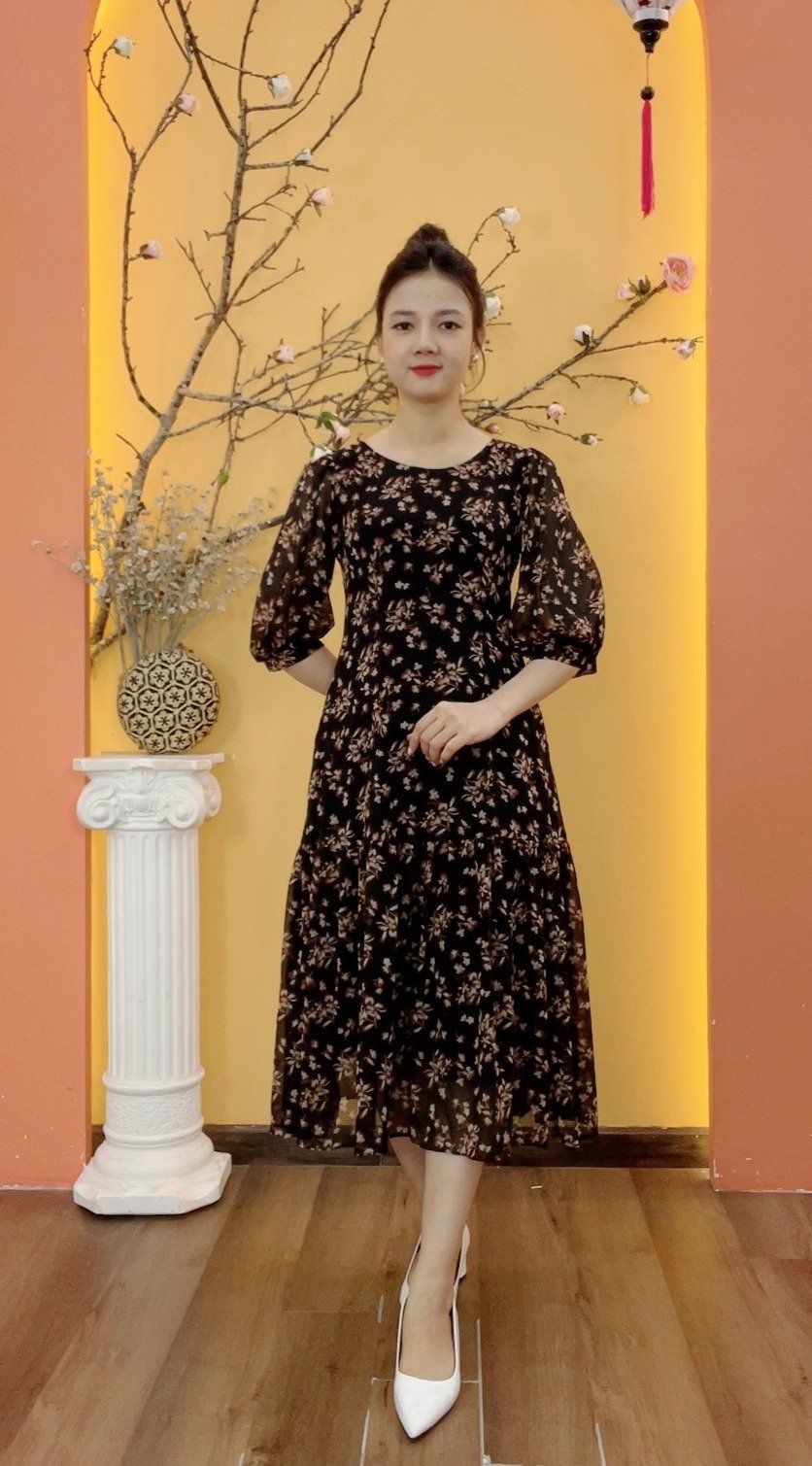 Đầm xòe A - Cổ tròn tay lỡ - CT - Đen hoa nâu - TTV1991