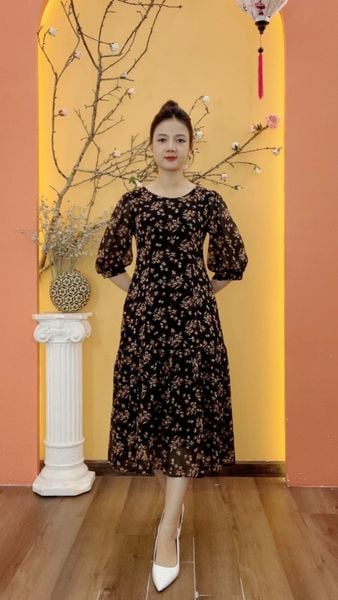 Đầm xòe A - Cổ tròn tay lỡ - CT - Đen hoa nâu - TTV1991