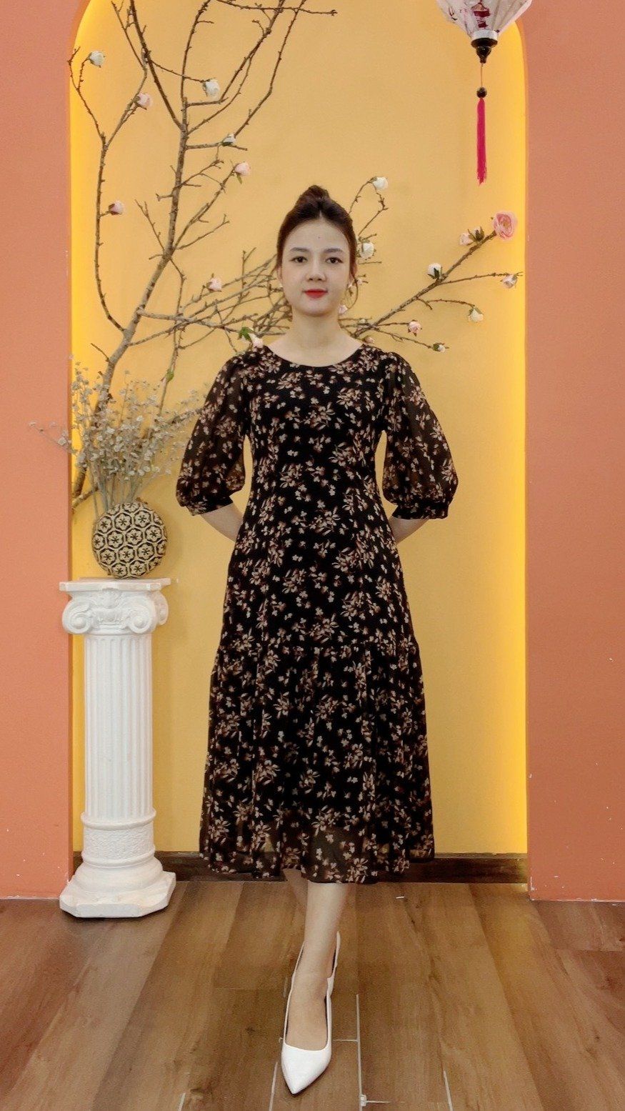 Đầm xòe A - Cổ tròn tay lỡ - CT - Đen hoa nâu - TTV1991