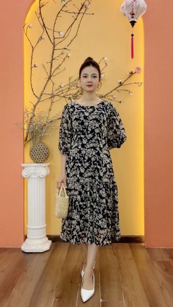 Đầm xòe A - Cổ tròn tay lỡ - CT - Xanh hoa kem - TTV1991