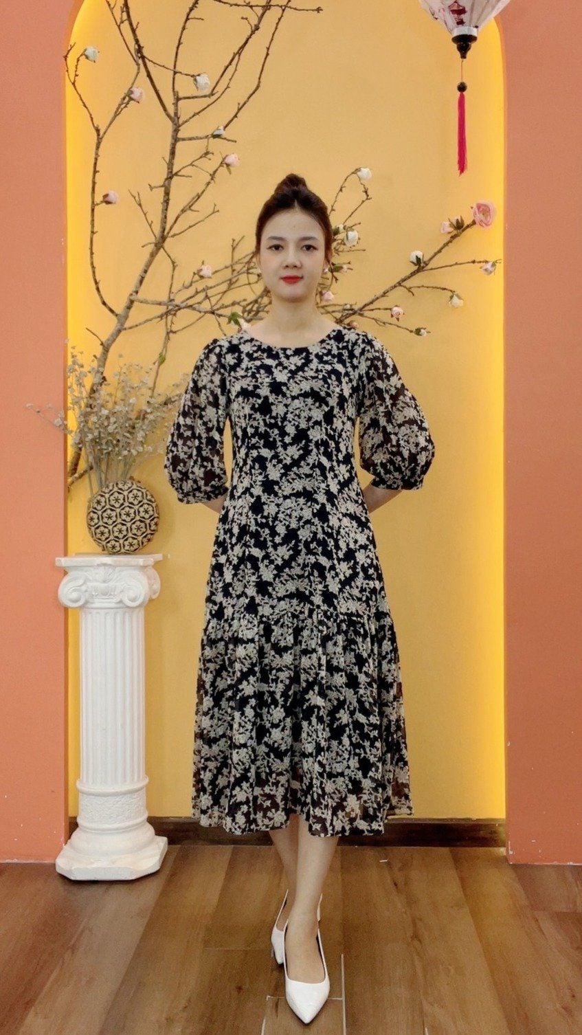 Đầm xòe A - Cổ tròn tay lỡ - CT - Xanh hoa kem - TTV1991