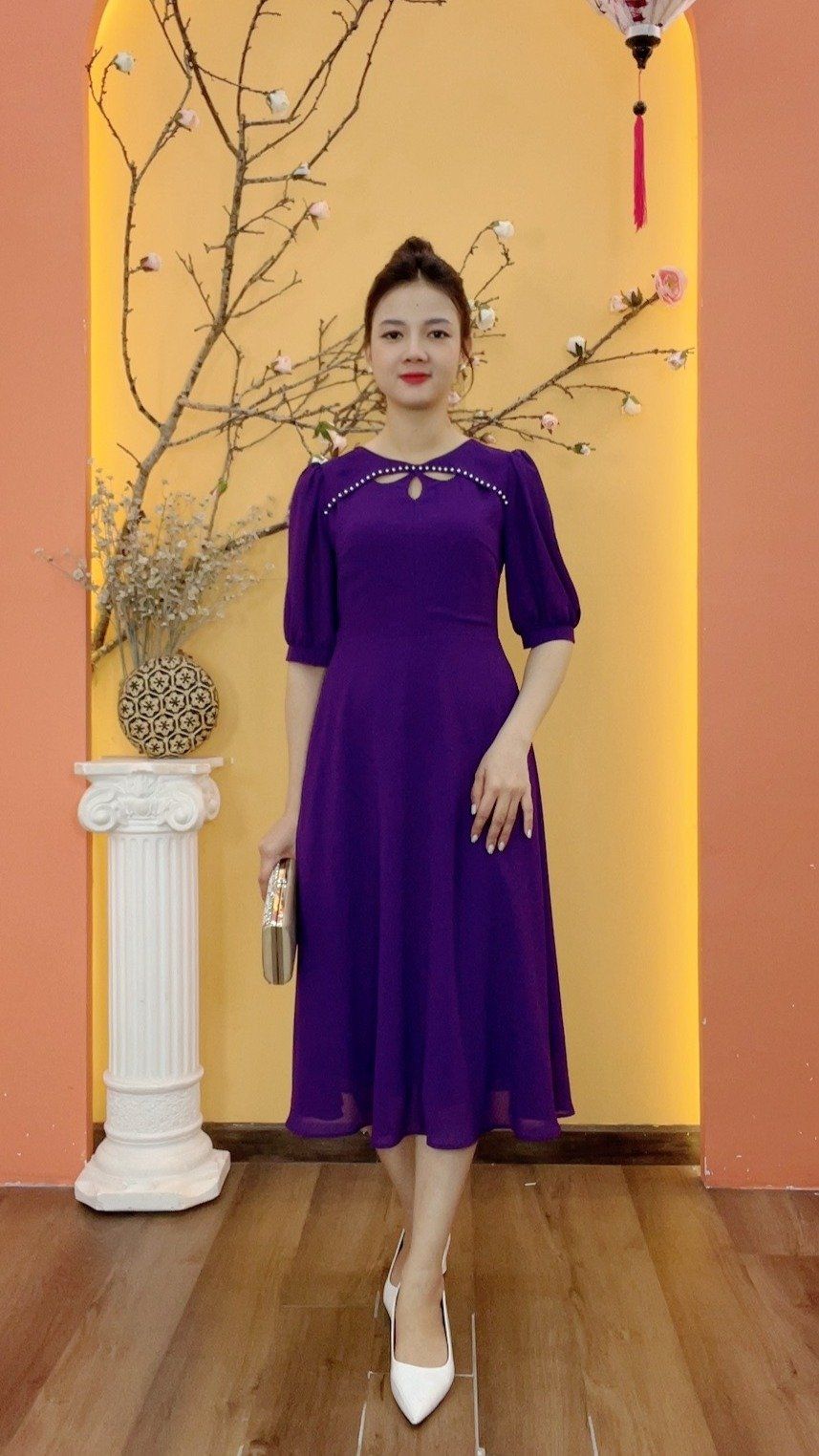 Đầm xòe - Cổ tròn giọt nước kết ngọc tay lỡ - CD - Tím huế - TTV1992