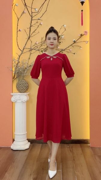 Đầm xòe - Cổ tròn giọt nước kết ngọc tay lỡ - CD - Đỏ - TTV1992