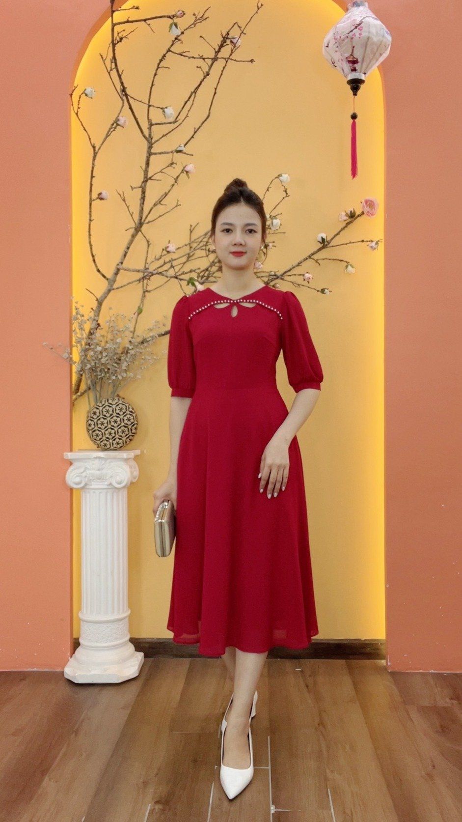 Đầm xòe - Cổ tròn giọt nước kết ngọc tay lỡ - CD - Đỏ - TTV1992