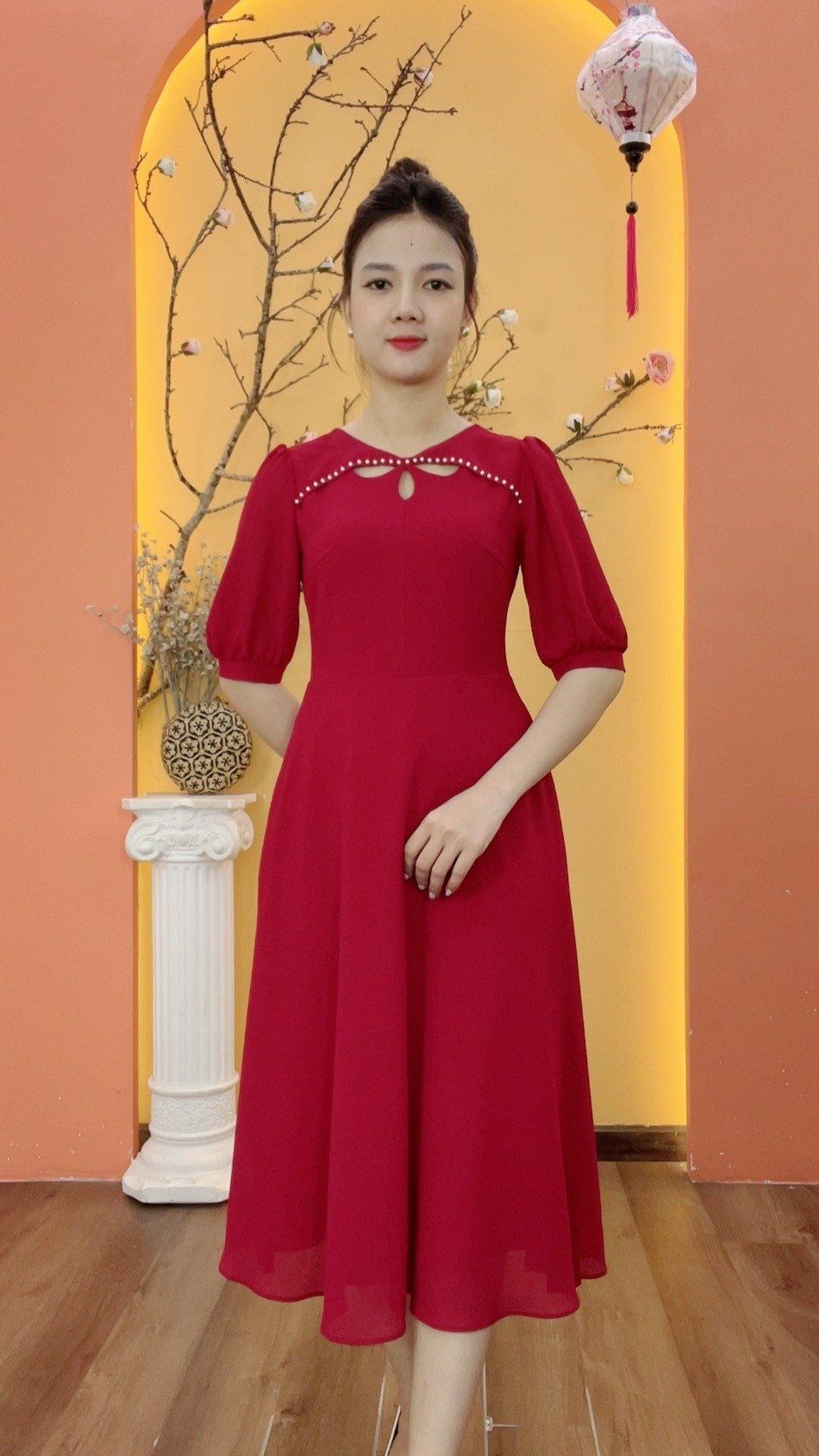 Đầm xòe - Cổ tròn giọt nước kết ngọc tay lỡ - CD - Đỏ - TTV1992