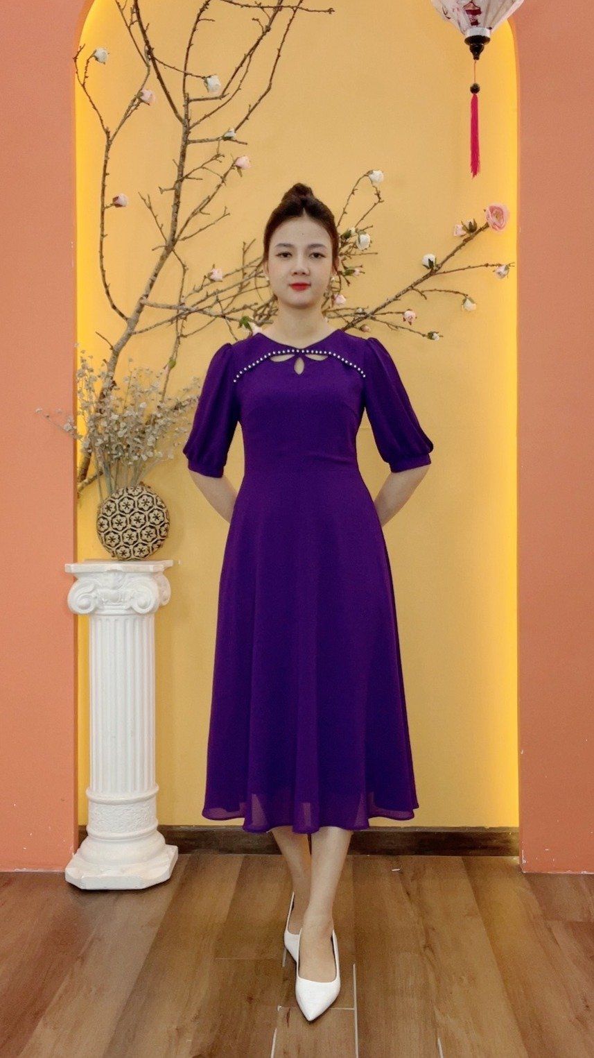 Đầm xòe - Cổ tròn giọt nước kết ngọc tay lỡ - CD - Tím huế - TTV1992