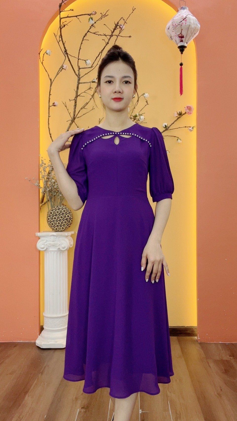 Đầm xòe - Cổ tròn giọt nước kết ngọc tay lỡ - CD - Tím huế - TTV1992