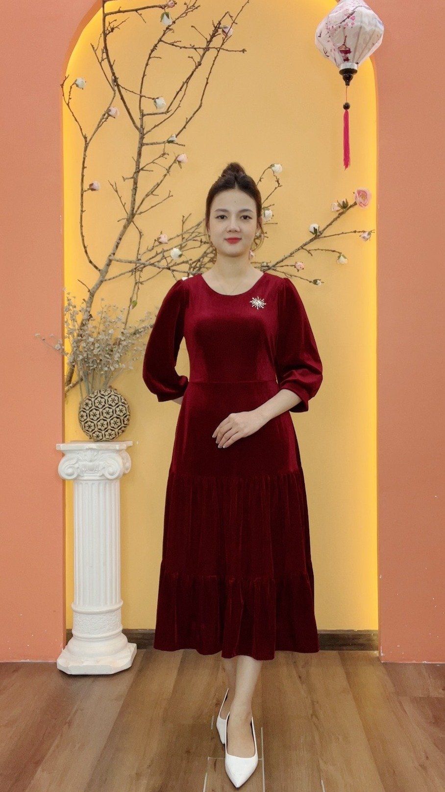 Đầm maxi - Cổ tròn tay lỡ - CD - Đỏ đô - TTV1994#