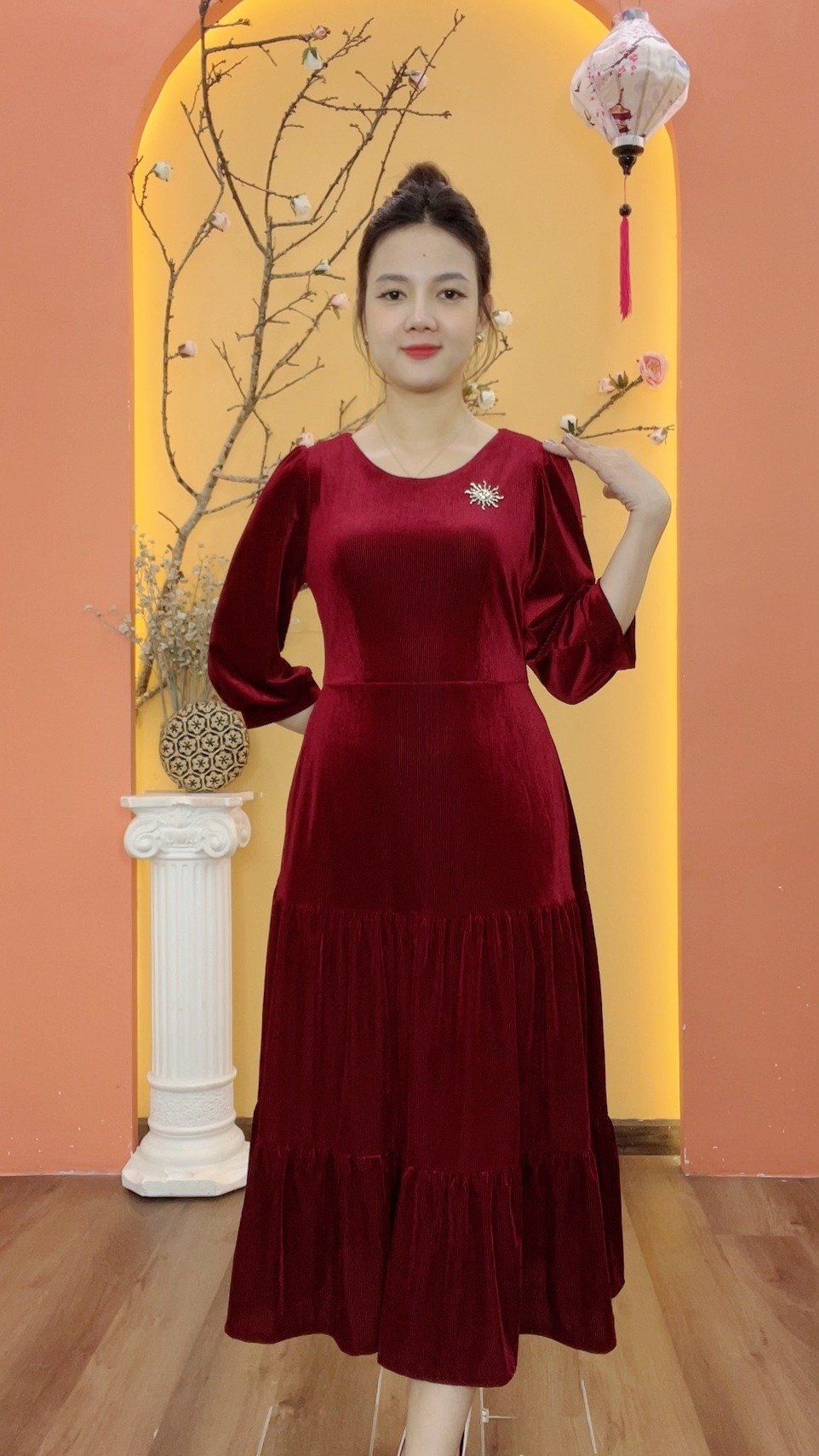 Đầm maxi - Cổ tròn tay lỡ - CD - Đỏ đô - TTV1994#