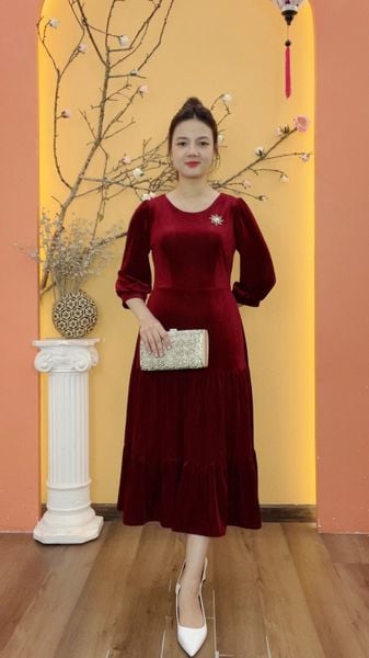 Đầm maxi - Cổ tròn tay lỡ - CD - Đỏ đô - TTV1994#