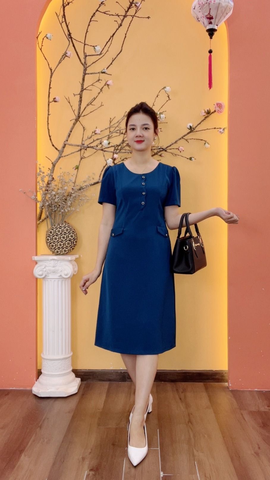 Đầm suông - Cổ tròn kết nút tay ngắn - AH - Xanh cổ vịt - TTV1996