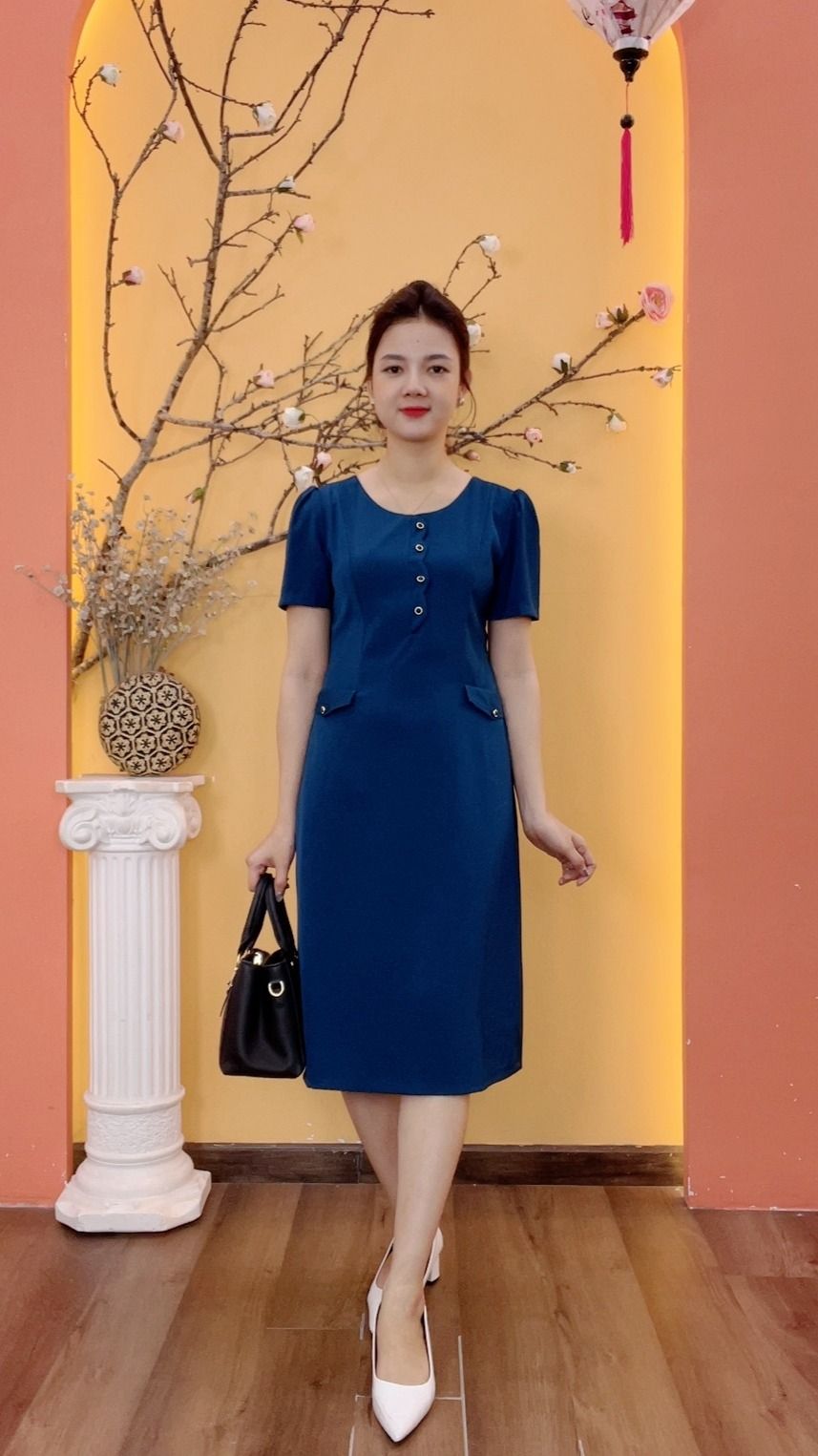 Đầm suông - Cổ tròn kết nút tay ngắn - AH - Xanh cổ vịt - TTV1996