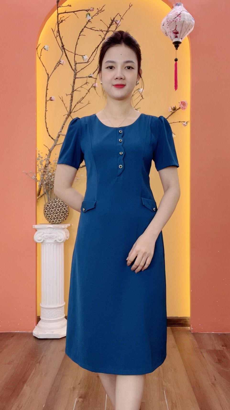 Đầm suông - Cổ tròn kết nút tay ngắn - AH - Xanh cổ vịt - TTV1996