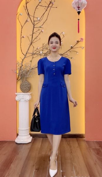 Đầm suông - Cổ tròn kết nút tay ngắn - AH - Xanh coban - TTV1996