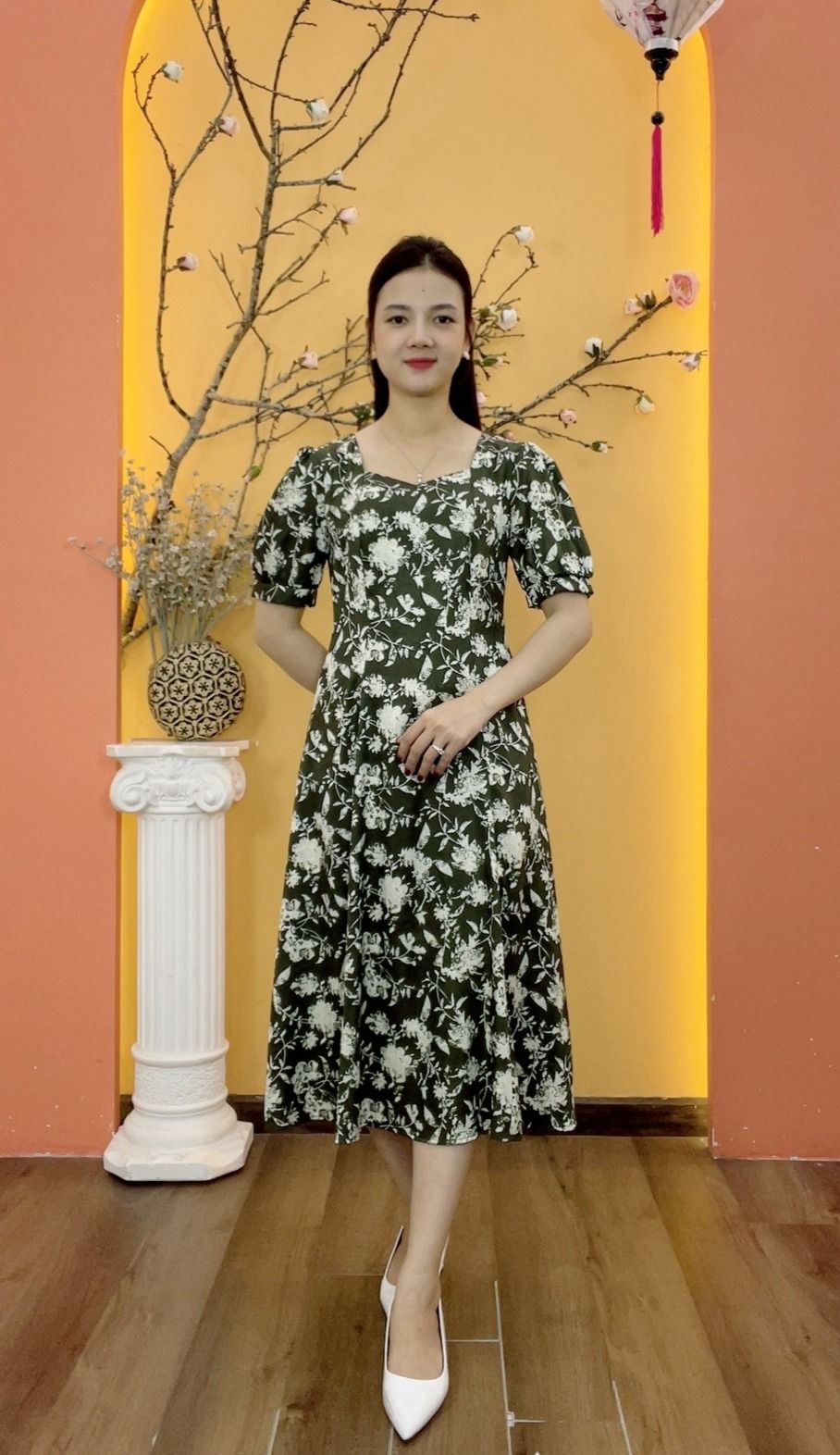 Đầm xòe 8 mảnh - Cổ vuông tim tay ngắn - AH - Xanh hoa kem - TTV1998