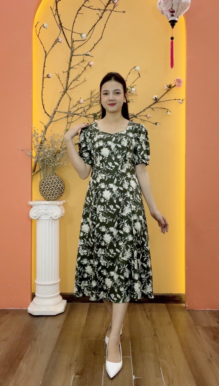 Đầm xòe 8 mảnh - Cổ vuông tim tay ngắn - AH - Xanh hoa kem - TTV1998