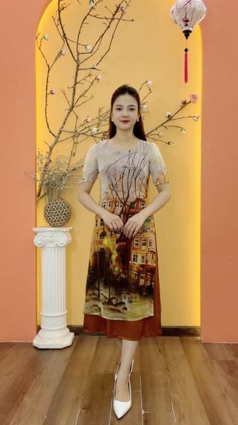 Áo dài cách tân - Cổ tròn tay ngắn - CD - Nâu họa tiết - TTV1999