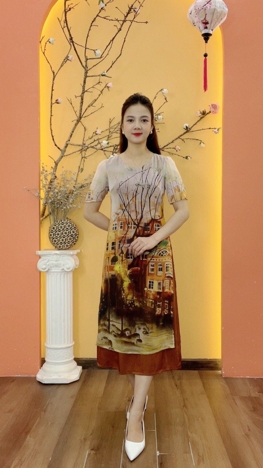 Áo dài cách tân - Cổ tròn tay ngắn - CD - Nâu họa tiết - TTV1999