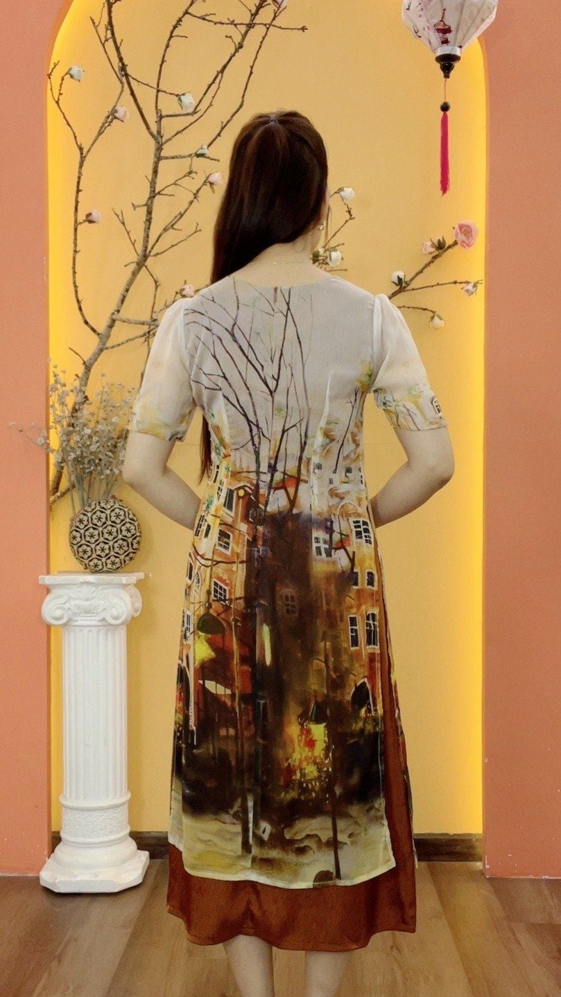 Áo dài cách tân - Cổ tròn tay ngắn - CD - Nâu họa tiết - TTV1999