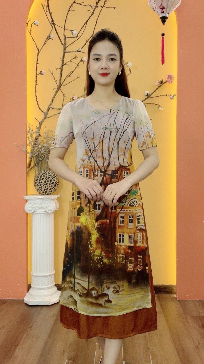 Áo dài cách tân - Cổ tròn tay ngắn - CD - Nâu họa tiết - TTV1999