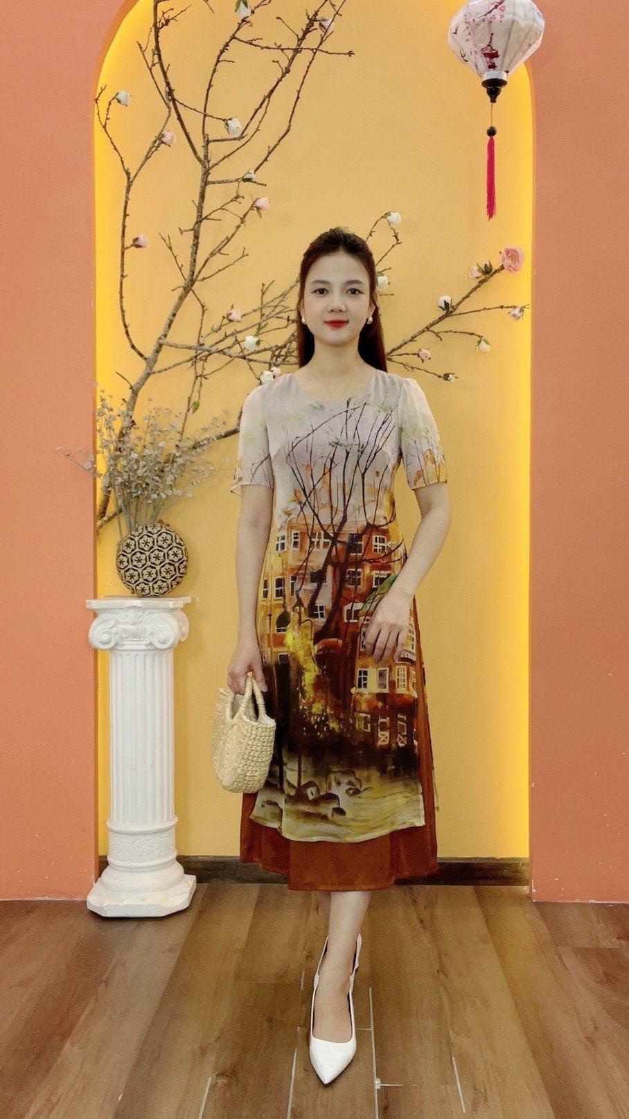 Áo dài cách tân - Cổ tròn tay ngắn - CD - Nâu họa tiết - TTV1999