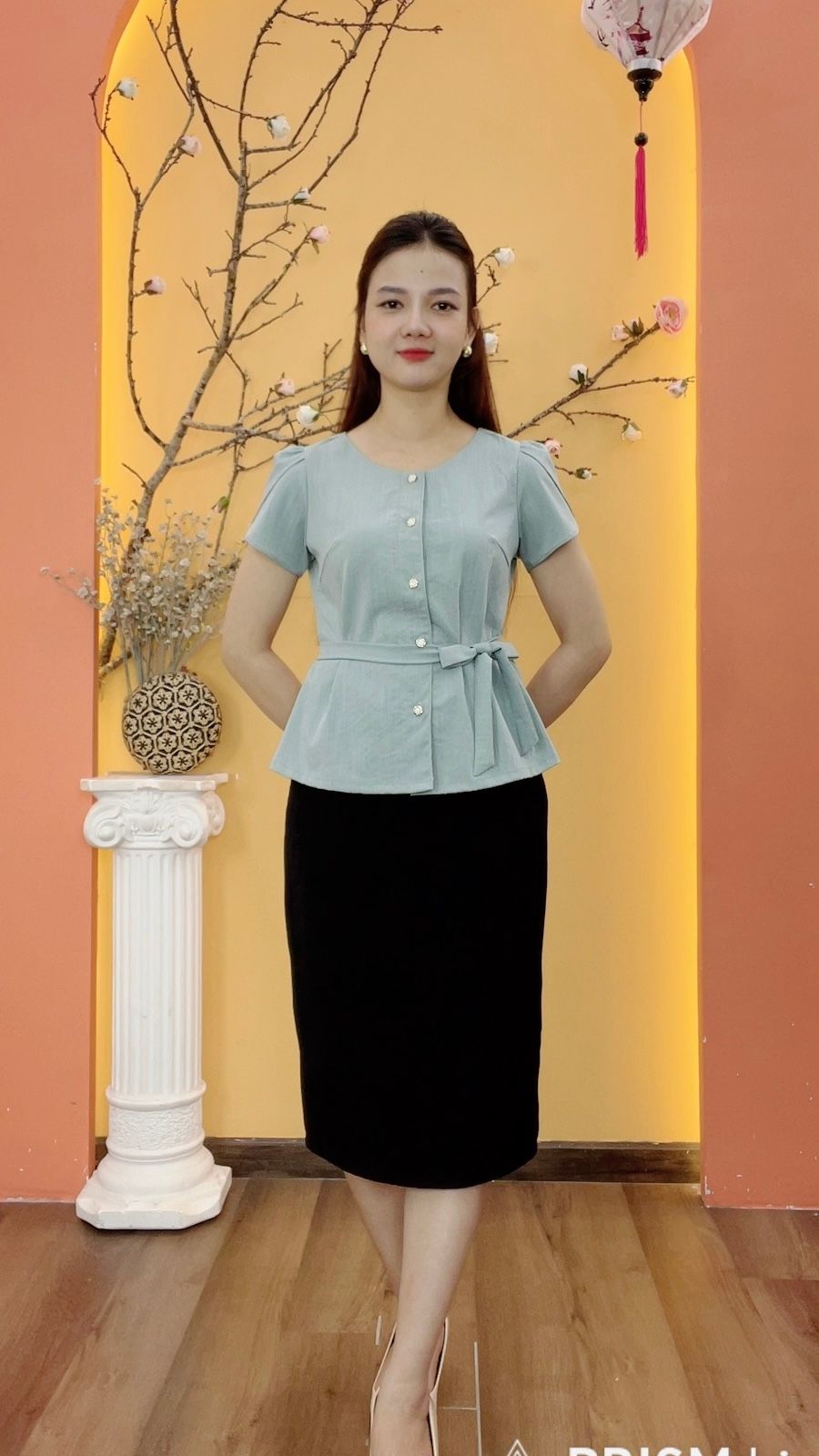 Áo - Cổ tròn kết nút thắt nơ tay ngắn - CT - Xanh ngọc - TTV1964