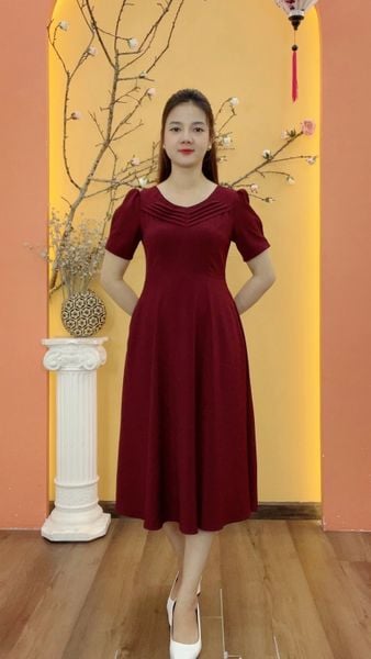 Đầm xòe - Cổ vuông tim xếp li tay ngắn - CV - Đỏ rượu - TTV1980