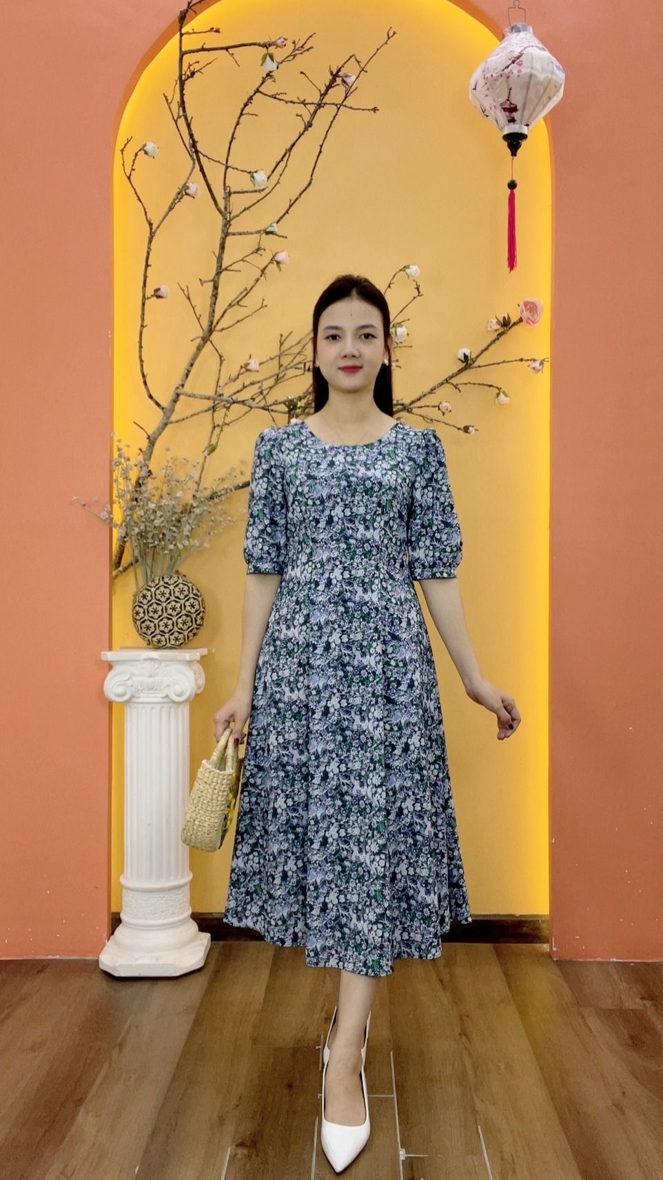 Đầm xòe 8 mảnh - Cổ tròn tay lỡ - CD - Xanh hoa - TTV2003