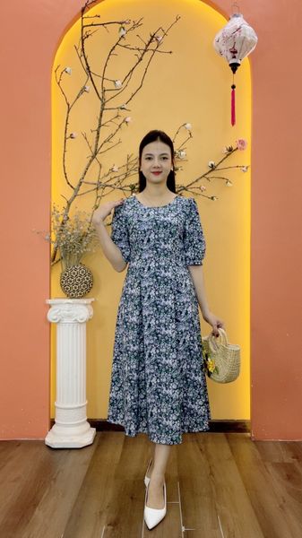 Đầm xòe 8 mảnh - Cổ tròn tay lỡ - CD - Xanh hoa - TTV2003