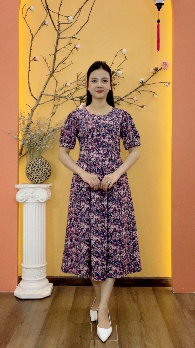 Đầm xòe - Cổ tròn tay ngắn - AH - Xanh hoa nhí - TTV2004