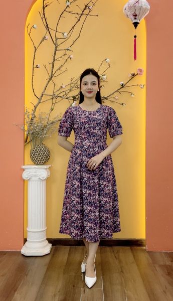 Đầm xòe - Cổ tròn tay ngắn - AH - Xanh hoa nhí - TTV2004