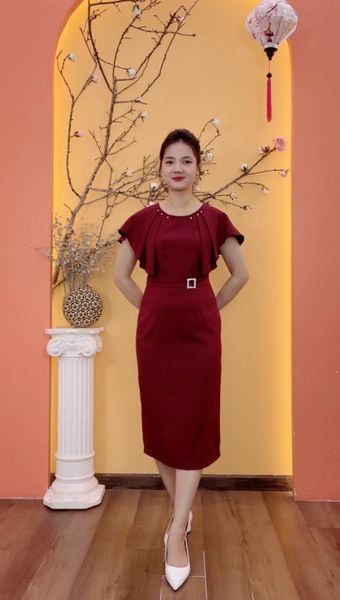 Đầm body - Cổ tròn kết đá tay cánh dơi bèo - CV - Đỏ đô - TTV2006