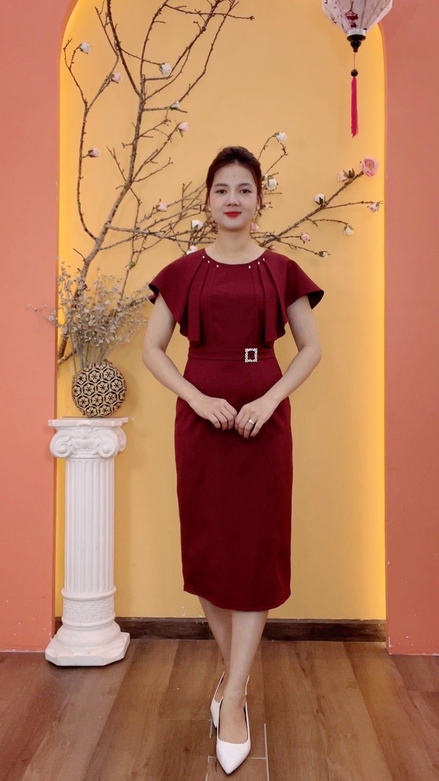 Đầm body - Cổ tròn kết đá tay cánh dơi bèo - CV - Đỏ đô - TTV2006