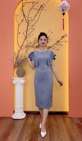 Đầm body - Cổ tròn kết đá tay cánh dơi bèo - CV - Xanh ghi - TTV2006