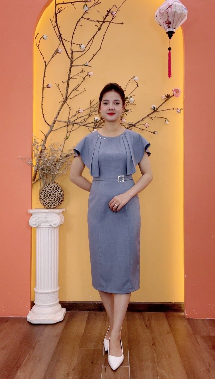 Đầm body - Cổ tròn kết đá tay cánh dơi bèo - CV - Xanh ghi - TTV2006