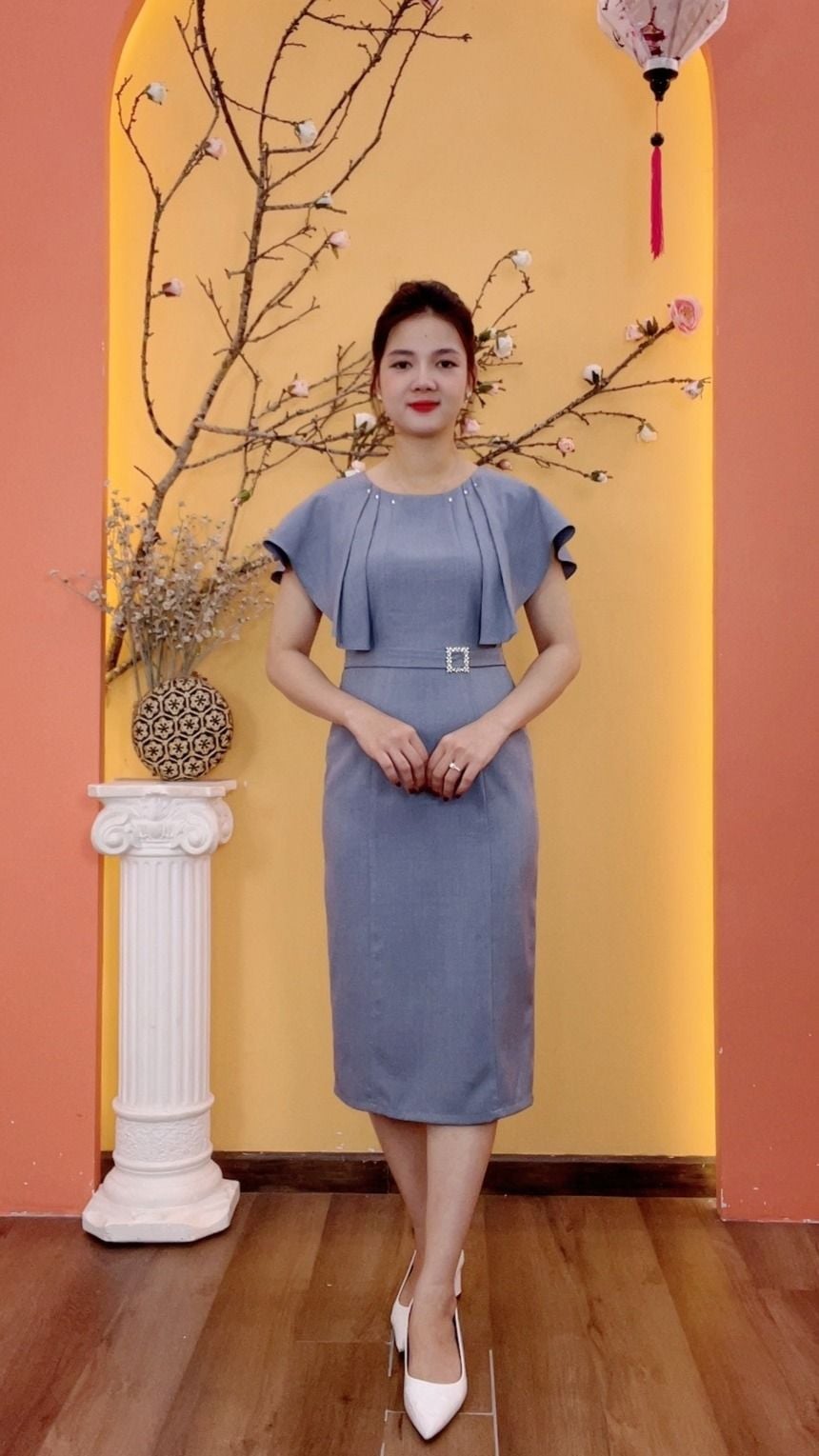 Đầm body - Cổ tròn kết đá tay cánh dơi bèo - CV - Xanh ghi - TTV2006