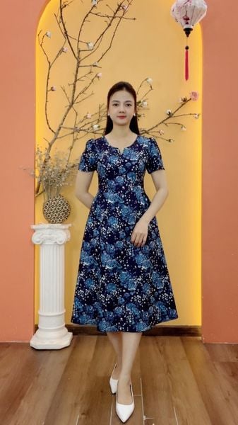 Đầm xòe - Cổ tròn khoét V tay ngắn - AH - Xanh hoa - TTV2007