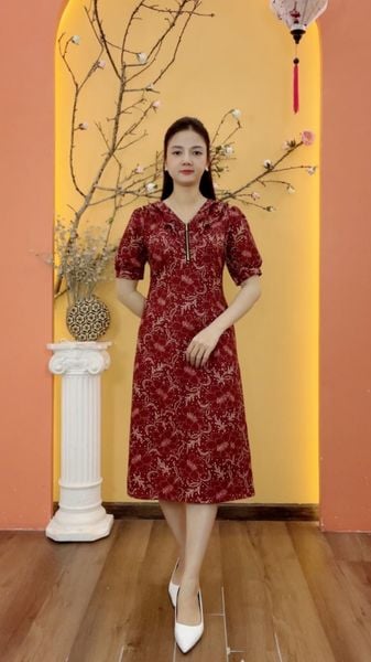 Đầm suông - Cổ tim bèo dây kéo tay ngắn - CV - Đỏ hoa - TTV2008