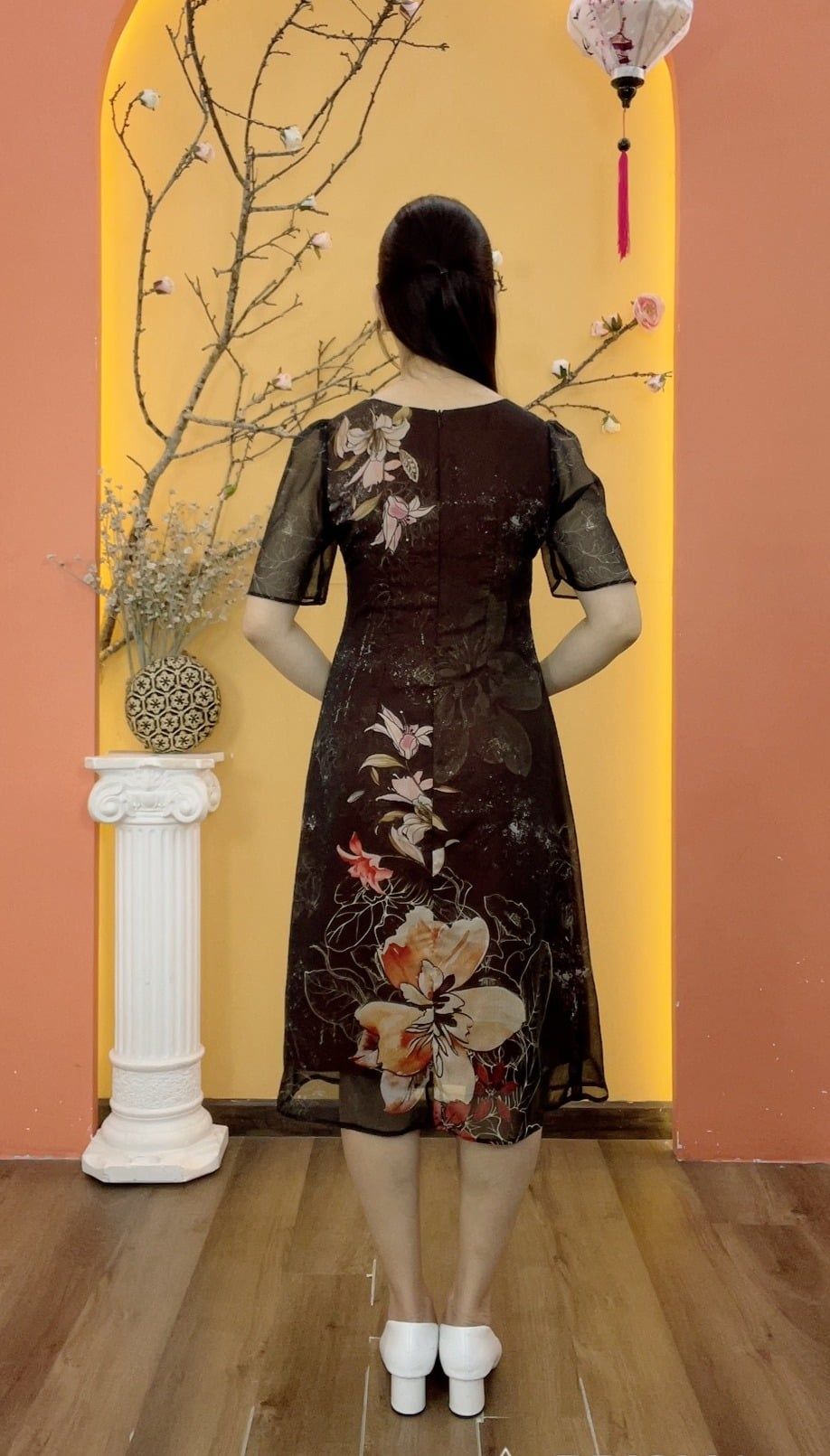 Đầm suông - Cổ tròn tay ngắn - CD - Nâu hoa - TTV2010