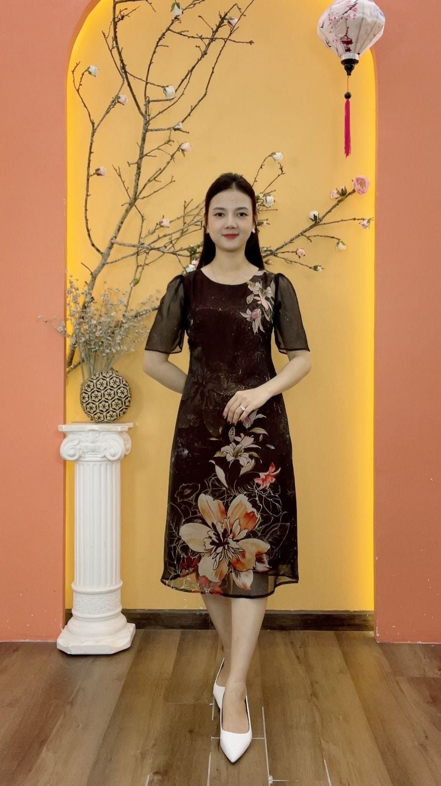 Đầm suông - Cổ tròn tay ngắn - CD - Nâu hoa - TTV2010