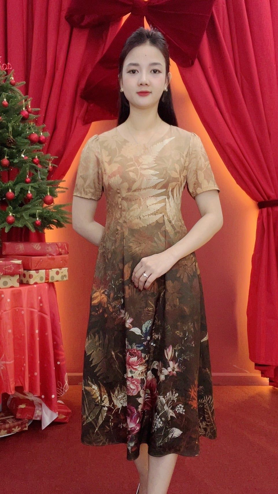 Đầm suông xòe - Cổ tròn tay ngắn - CV - Nâu hoa - TTV2015