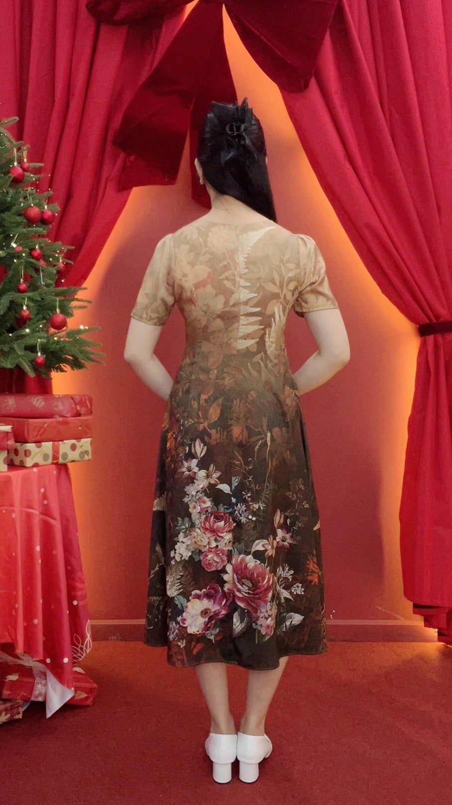 Đầm suông xòe - Cổ tròn tay ngắn - CV - Nâu hoa - TTV2015