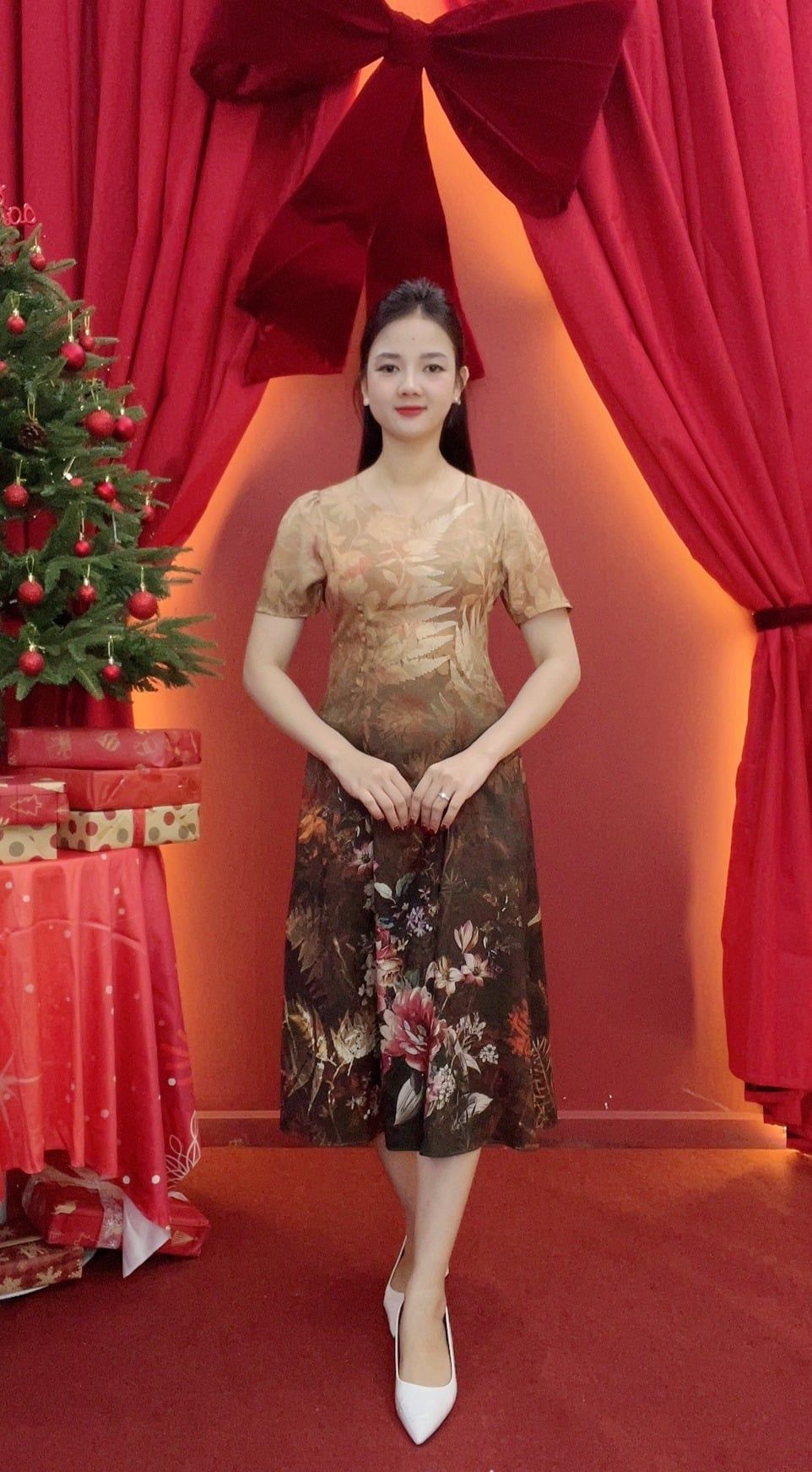 Đầm suông xòe - Cổ tròn tay ngắn - CV - Nâu hoa - TTV2015