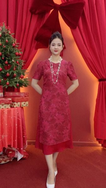 Áo dài cách tân - Cổ tròn nút thắt tàu tay ngắn - CD - Đỏ hoa - TTV2016